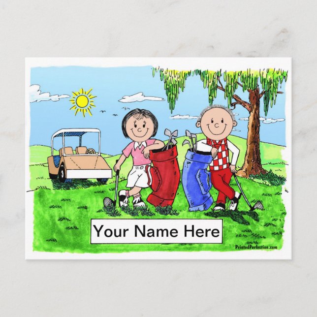 Personalized Golf Couple Cartoon Caricature Postcard (Front)