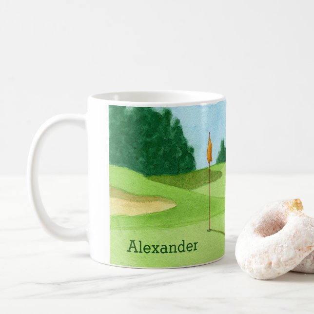 Personalized Golf Course Green Illustration Coffee Mug (With Donut)