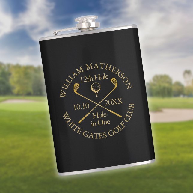Personalized Golf Hole in One Black And Gold Flask (Personalized Golf Hole in One Black And Gold Flask)