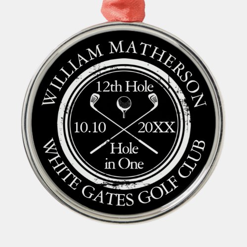 Personalized Golf Hole in One Black And White Metal Ornament