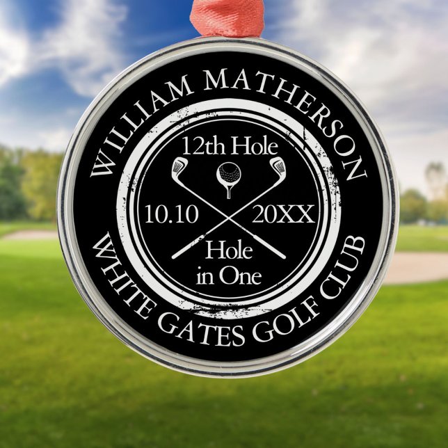 Personalized Golf Hole in One Black And White Metal Ornament (Personalized Golf Hole in One Black And White Metal Ornament)