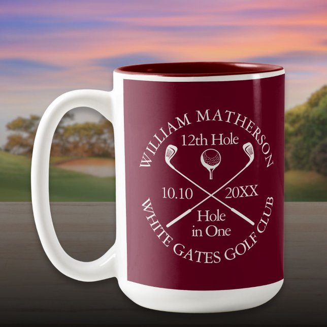Personalized Golf Hole in One Burgundy Two-Tone Coffee Mug (Personalized Golf Hole in One Burgundy Two-Tone Coffee Mug)