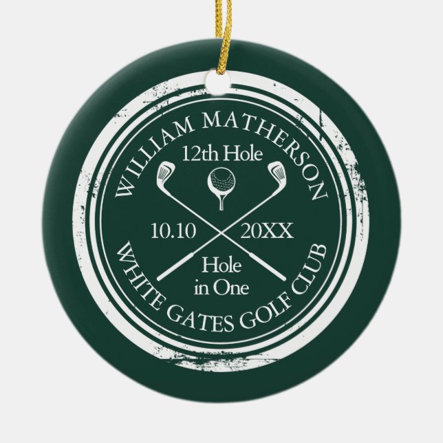 Personalized Golf Hole in One Keepsake Emerald Ceramic Ornament (Front)