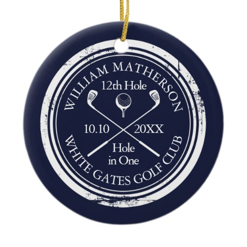 Personalized Golf Hole in One Keepsake Navy Blue Ceramic Ornament