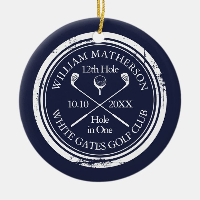 Personalized Golf Hole in One Keepsake Navy Blue Ceramic Ornament (Front)