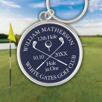 Personalized Golf Hole In One Navy Blue Keychain by thisisnotmedesigns at Zazzle