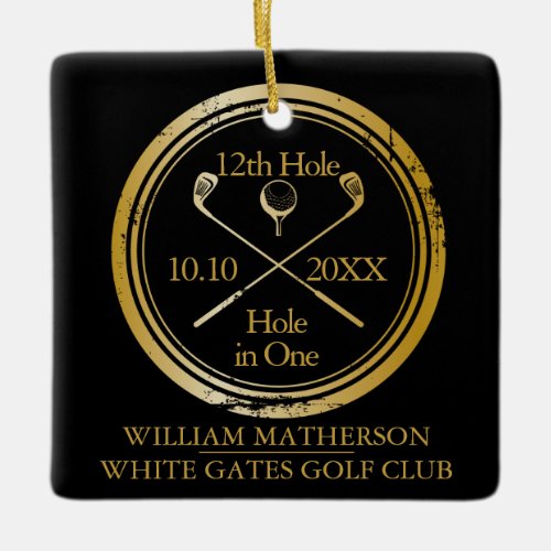 Personalized Golf Hole in One Retro Black And Gold Ceramic Ornament