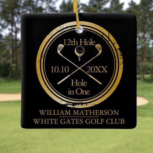 Personalized Golf Hole in One Retro Black And Gold Ceramic Ornament
