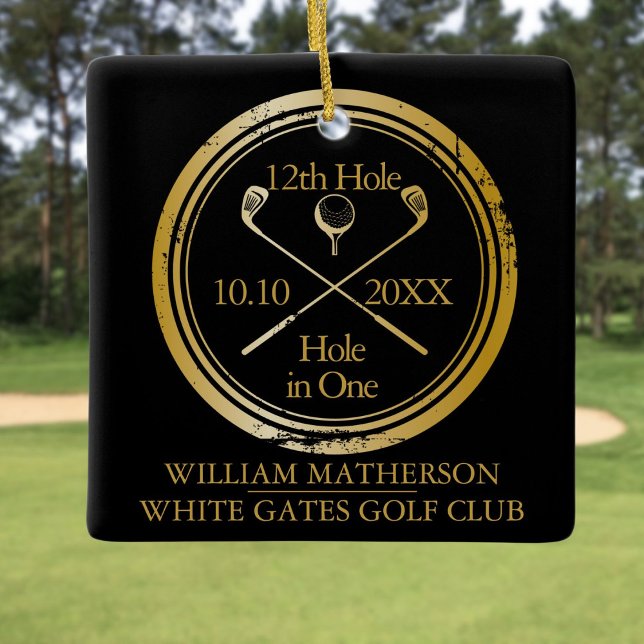 Personalized Golf Hole in One Retro Black And Gold Ceramic Ornament (Personalized Golf Hole in One Retro Black And Gold Ceramic Ornament)