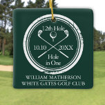 Personalized Golf Hole In One Retro Emerald Green Ceramic Ornament<br><div class="desc">Featuring an aged stamp effect classic retro design. Personalize the name,  location hole number and date to create a great golf keepsake to celebrate that fantastic hole in one. Designed by Thisisnotme©</div>