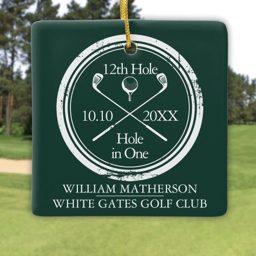 Personalized Golf Hole In One Retro Emerald Green Ceramic Ornament