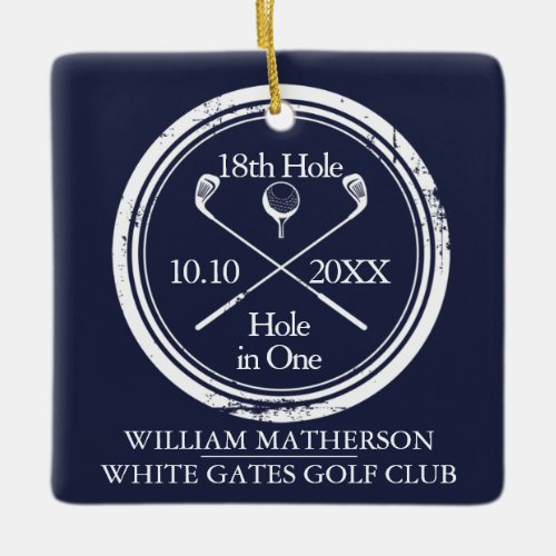 Personalized Golf Hole in One Retro Navy Blue Ceramic Ornament