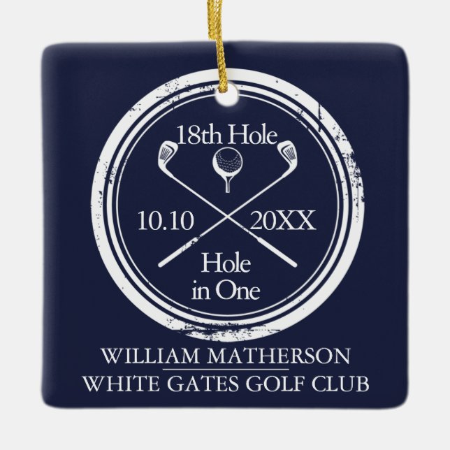 Personalized Golf Hole in One Retro Navy Blue Ceramic Ornament (Front)