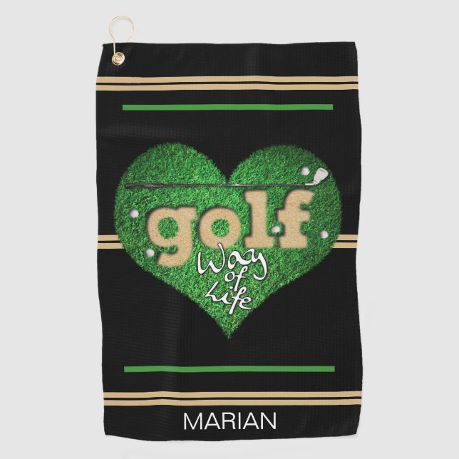 Personalized GOLF Way of Life Black/Green/Mustard  Golf Towel (Front)