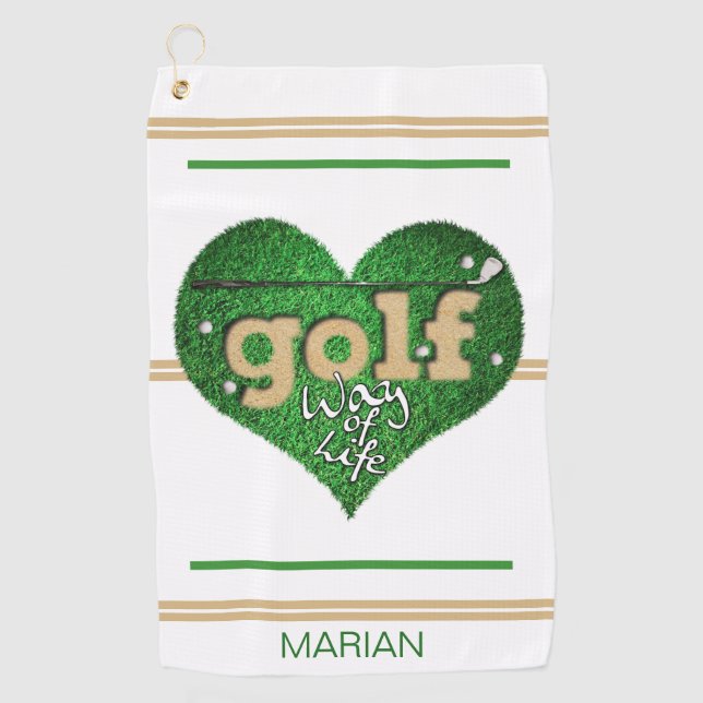 Personalized GOLF Way of Life White/Green/Mustard Golf Towel (Front)