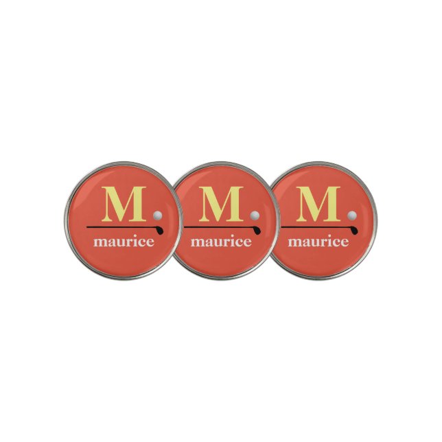 Personalized Golfer classic Monogram orange red  Golf Ball Marker (3 Up)