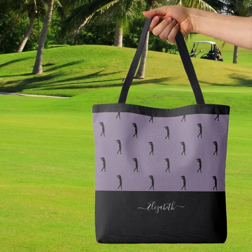 Personalized Golfer Modern Silhouette Purple Black Tote Bag
