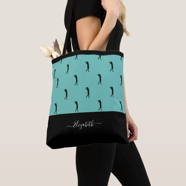 Personalized Golfer Modern Silhouette Teal Black Tote Bag (Close Up)