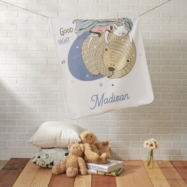 Personalized Good Night Girl And Bear Baby Name Baby Blanket (In Situ)