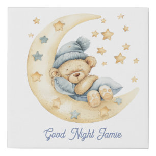 Personalized Good Night Teddy Bear Baby Name Faux Canvas Print