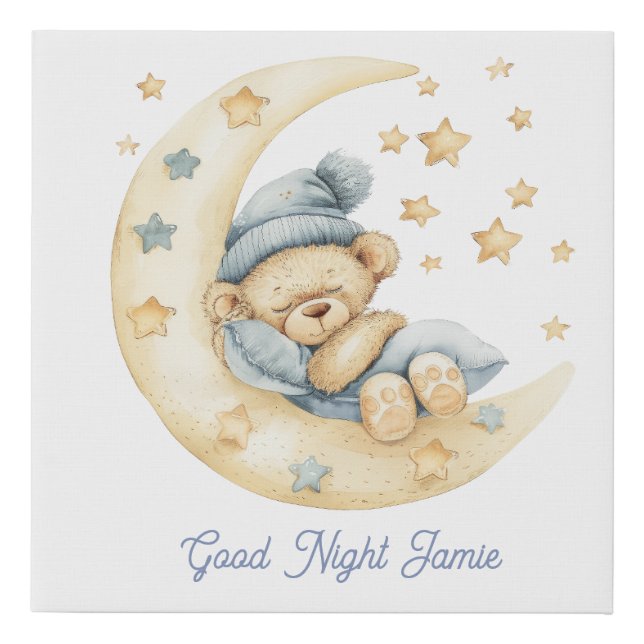 Personalized Good Night Teddy Bear Baby Name Faux Canvas Print (Front)