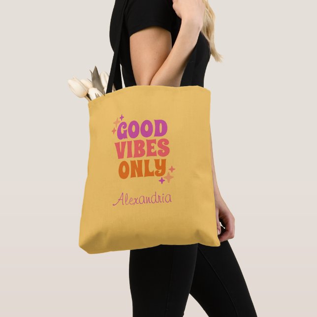 Personalized Good Vibes Yellow Tote Bag (Close Up)