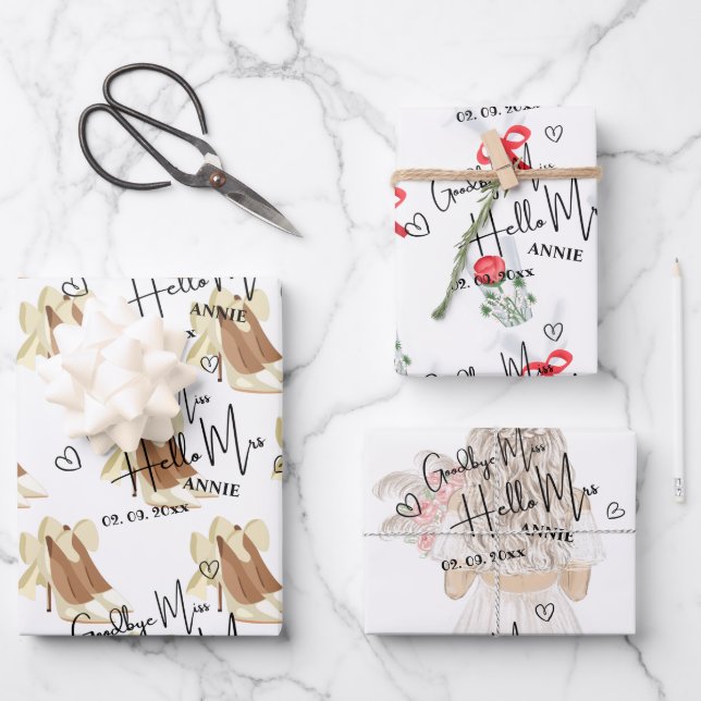 Personalized Goodbye Miss Hello Mrs Bridal Shower Wrapping Paper Sheets (Front)