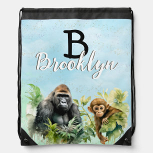 Personalized Gorilla Chimpanzee Jungle Monogram Drawstring Bag
