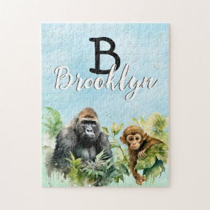 Personalized Gorilla Chimpanzee Jungle Monogram Jigsaw Puzzle