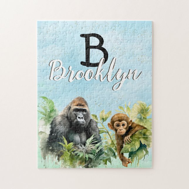 Personalized Gorilla Chimpanzee Jungle Monogram Jigsaw Puzzle (Vertical)