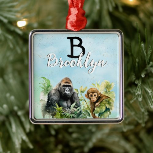 Personalized Gorilla Chimpanzee Jungle Monogram Metal Ornament