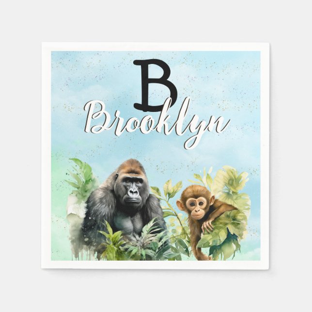 Personalized Gorilla Chimpanzee Jungle Monogram Napkins (Front)