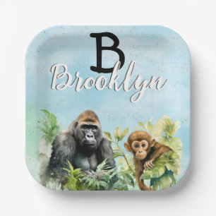 Personalized Gorilla Chimpanzee Jungle Monogram Paper Plates
