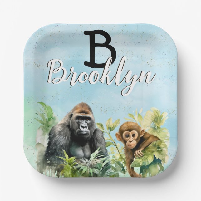 Personalized Gorilla Chimpanzee Jungle Monogram Paper Plates (Front)