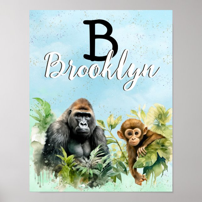 Personalized Gorilla Chimpanzee Jungle Monogram Poster (Front)