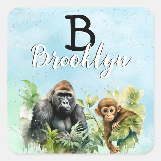 Personalized Gorilla Chimpanzee Jungle Monogram Square Sticker (Front)