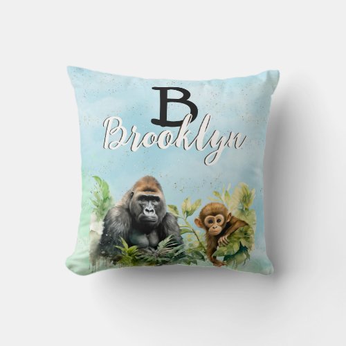 Personalized Gorilla Chimpanzee Jungle Monogram Throw Pillow