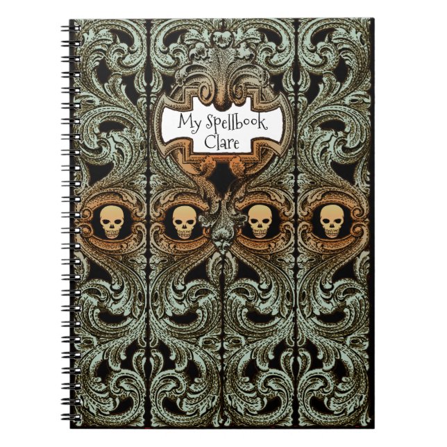 Personalized Goth Green Ornament & Skull Spellbook Notebook (Front)