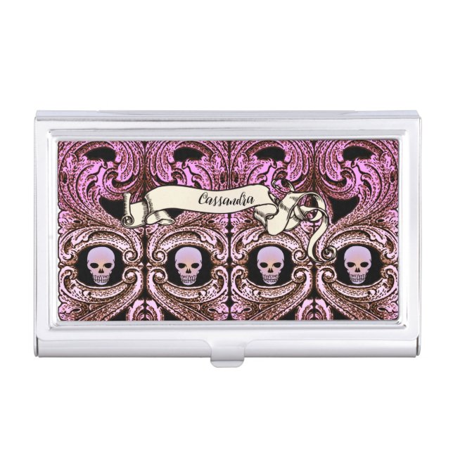Personalized Goth Pink Ornament & Skull  Business Card Case (Front)