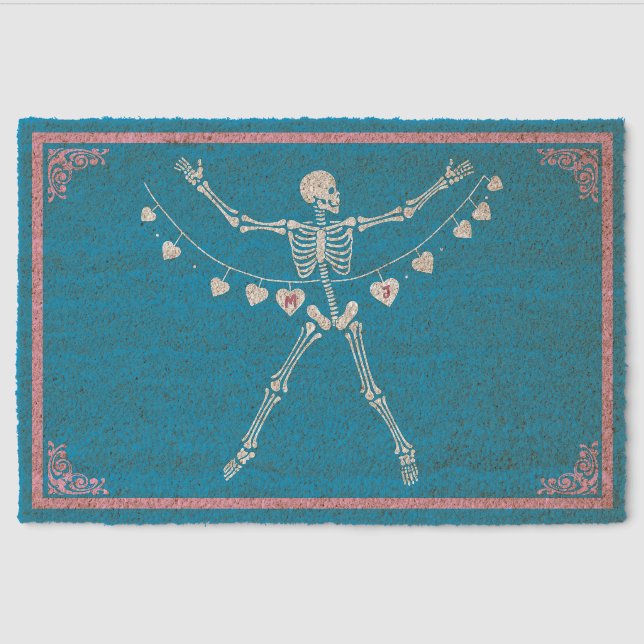 Personalized Goth Skeleton with Hearts Coir Mat (Front)