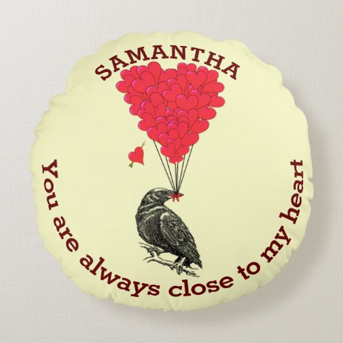 Personalized gothic crow and red valentines heart round pillow