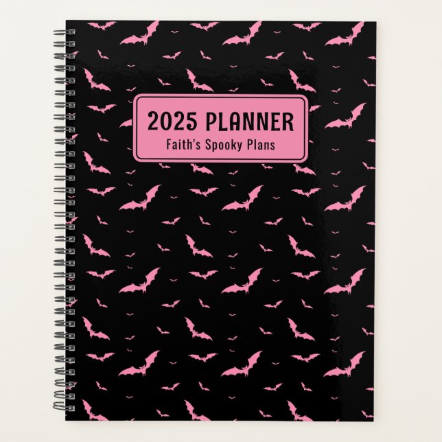 Personalized Gothic Pink & Black Bat Pattern Planner (Front)