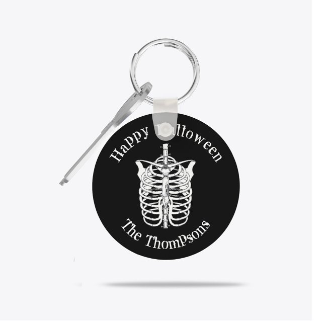 Personalized Gothic Skeleton Halloween Family Keychain (Personalized gothic skeleton Halloween keychain with bold black background design.)