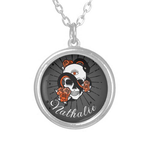 Personalized Gothic white skull and red floral Silver Plated Necklace