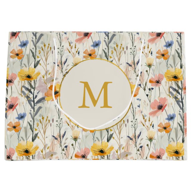 Personalized Gouache Meadow Flowers Pattern Large Gift Bag (Front)