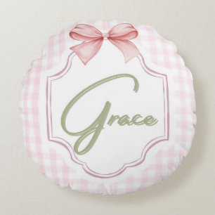 Personalized Grace Baby Girl Nursery Bow&Gingham Round Pillow