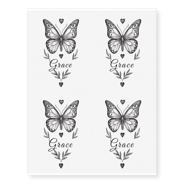 Personalized Grace Elegant Floral Butterfly Temporary Tattoos (Front)