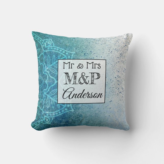 Personalized Gradient Blue Mandala Wedding Pillow (Front)