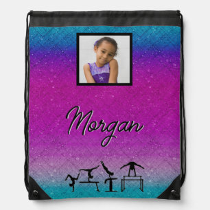 Personalized Gradient Gymnastics with Name & Photo Drawstring Bag