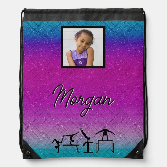 Personalized Gradient Gymnastics with Name & Photo Drawstring Bag (Front)